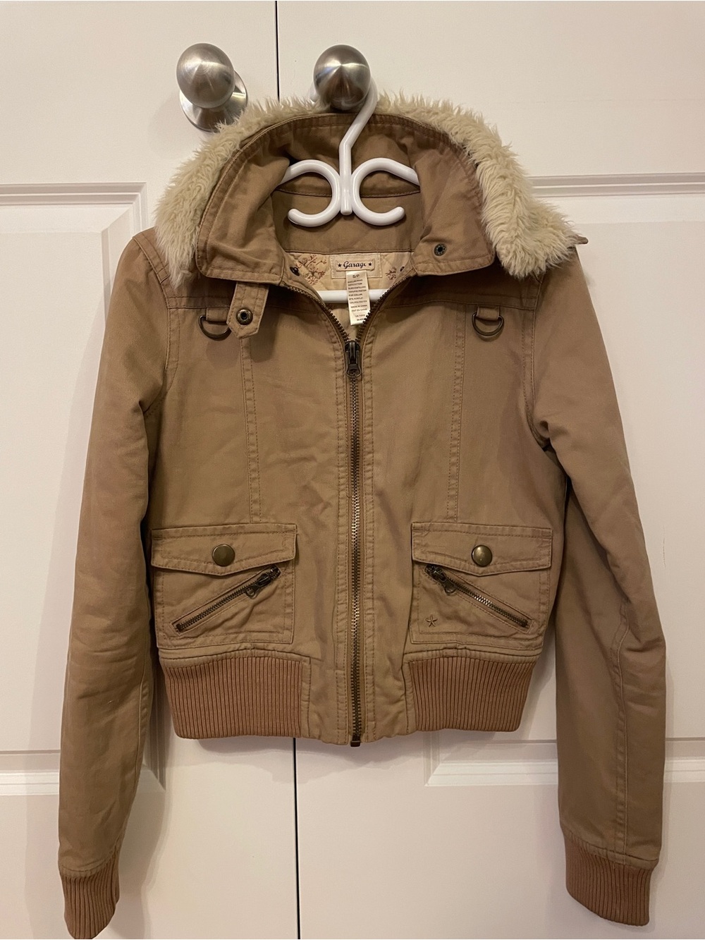 Garage Girls' Tan Hooded Puffer Jacket with Faux-Fur Trim